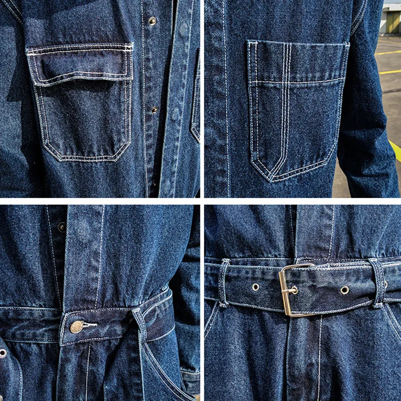 Vintage Jeans Loose Cargo Wide-leg Jeans Japan Korea Blue Denim Jumpsuit Pockets Belt High Street Overalls Trendy Wear