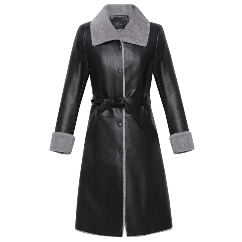 

Женская длинная куртка из натуральной кожи, теплая Толстая куртка из натуральной овечьей кожи в Корейском стиле, большие размеры, для зимы