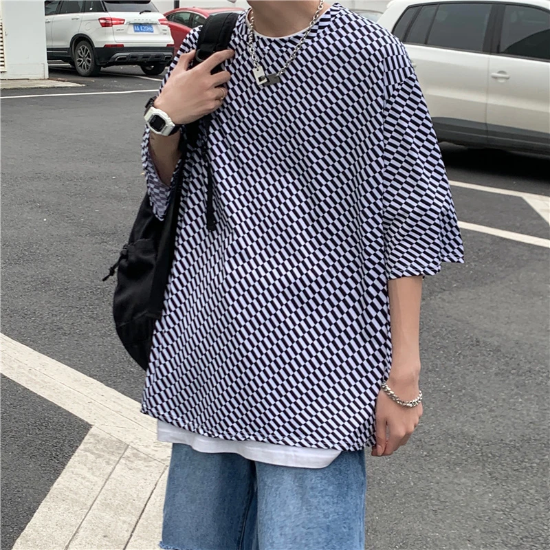 

2022 Summer Plaid Print Short Sleeve Men T Shirt Teenagers Fashion Trend All-match Causal Oversized Clothing Japanese Streetwear