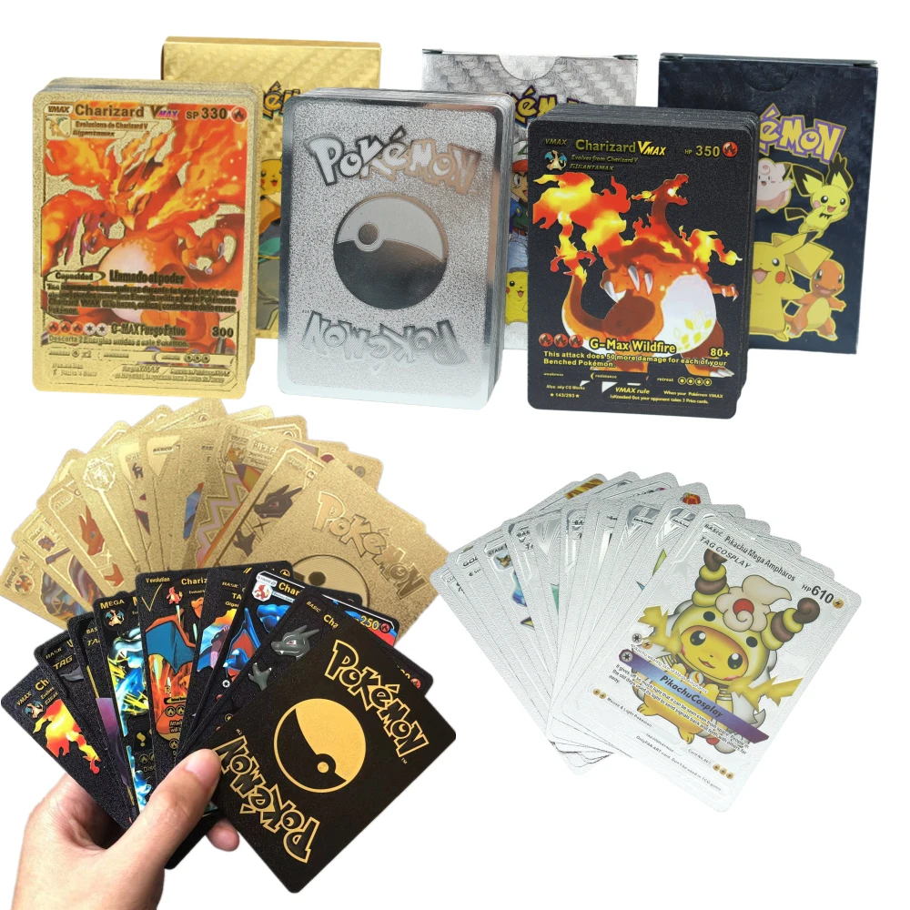 

New 27-55Pcs Pokemon Energy Metal Gold Cards Spanish English Vmax Charizard Pikachu Collection Battle Trainer Cards Childen Toys