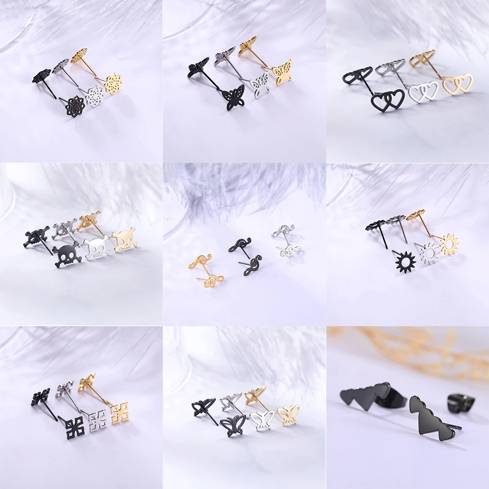 

Sweet Simple Style MIni Earrings Female Male Jewelry Stainless Steel Heart Butterflies Flower Geometric Earstuds