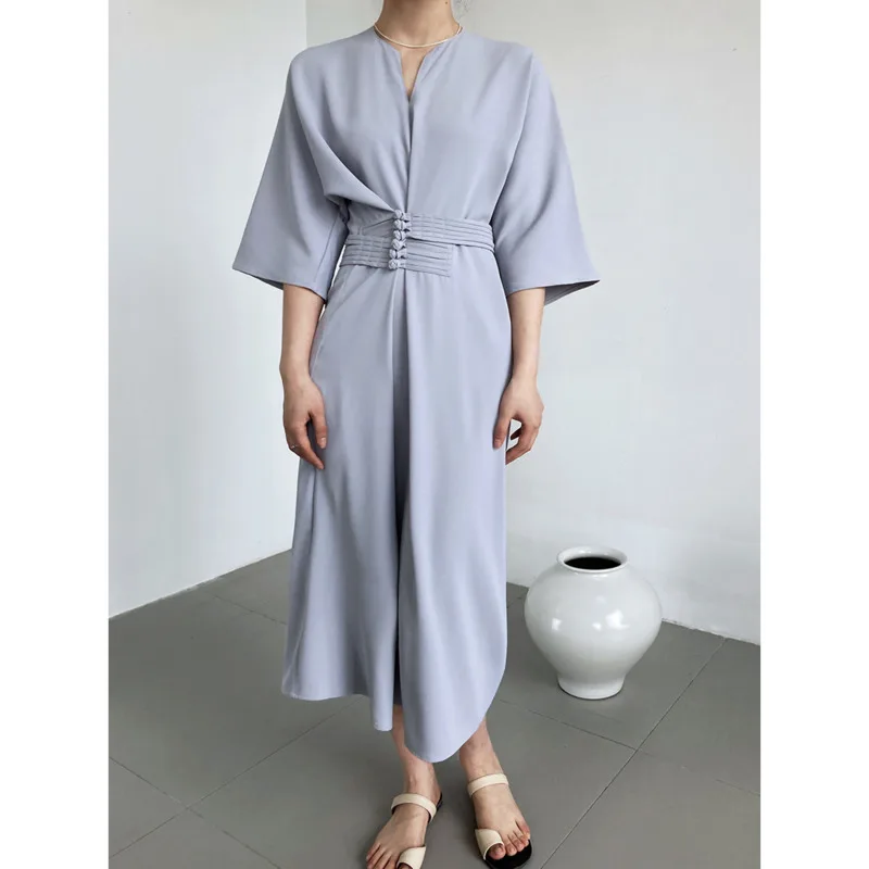 

Summer V-neck Buckle Waist Lace Up Straight Dress Women Chinese Style High Waist Straight Solid Color Midi Dresses