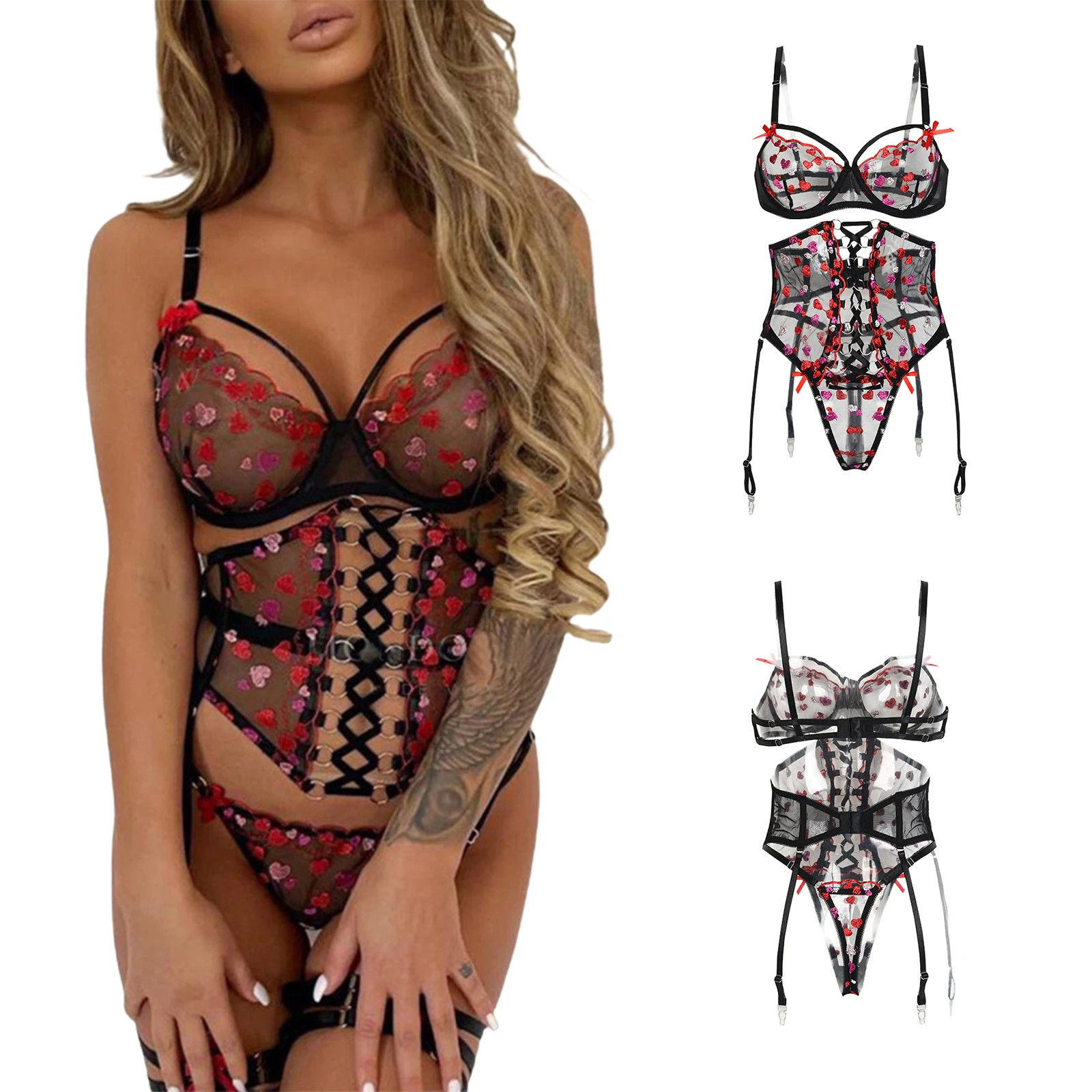

Women Sexy Erotic Lingerie 3 Piece Set Embroidery Heart Pattern Bra Tie Up Bandage Buckle Straps Girdle Matching Pantie Suit