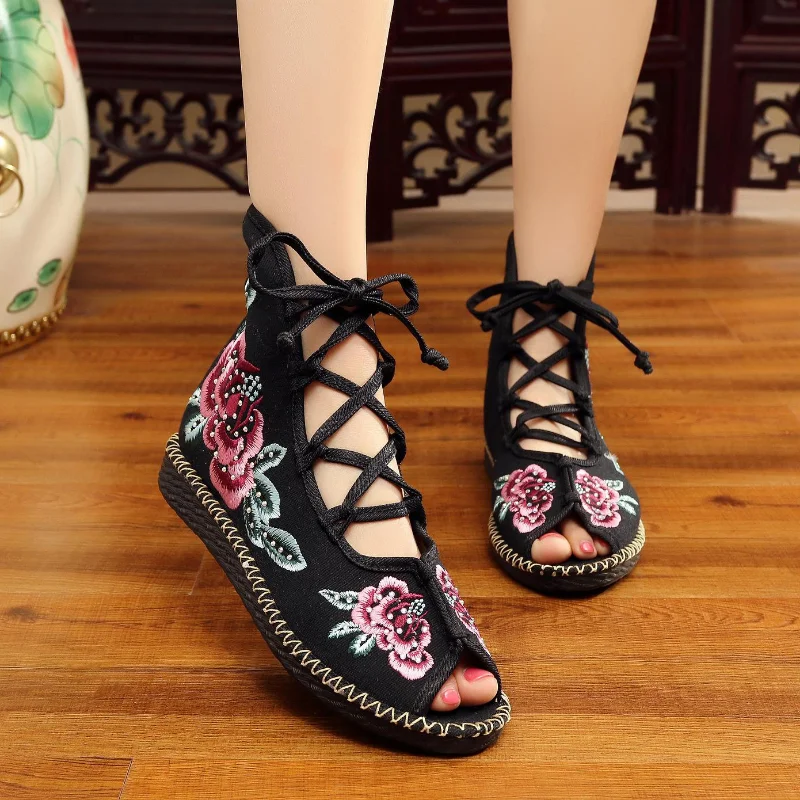 

Maogu Flat Gladiator Sandals Peep Toe Summer Old Beijing Cloth Shoes Embroider Lace Up Sandials Mujer New China Women Canvas