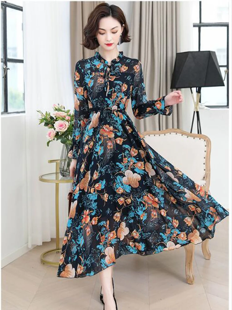 

2023 new spring and autumn ladies elegant chiffon dress fashion temperament floral long sleeve women's dress