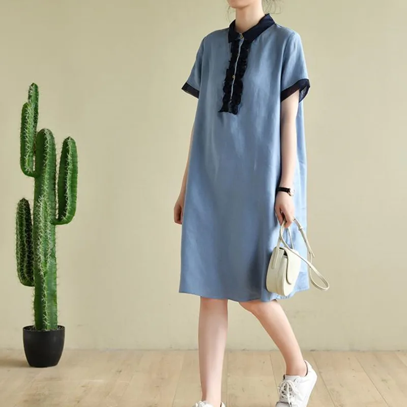 

Loose Shirt Dress Women Short Sleeve Patchwork Dresses Korean Casual Midi Vestidos Hemp Large Female Office Lady Summer Clothing