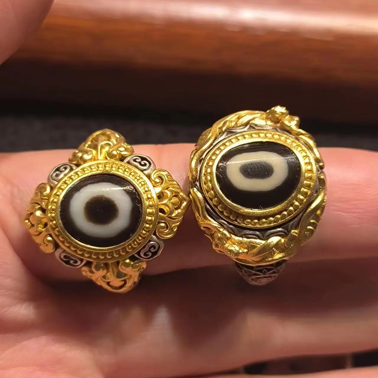 

1pcs/lot Natural Onyx Dzi Ring S925 sterling silver gild jewelry size Adjustable luxury Noble inlay diamond multiple style taki