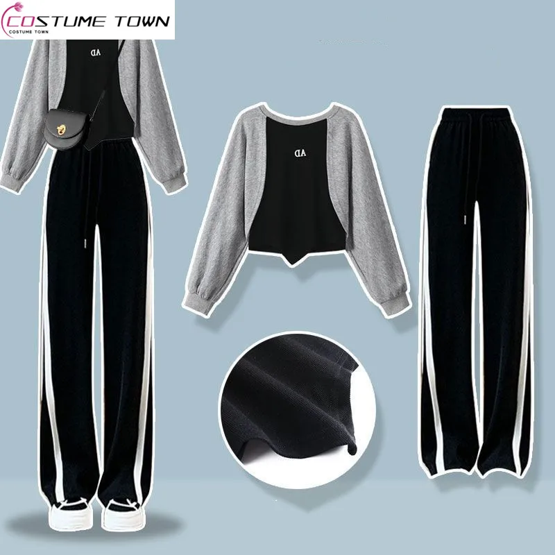 

Fashion Women's Suit 2023 Spring and Autumn New Color Contrast Short Pullover Top+casual Wide Leg Pants Two-piece Set