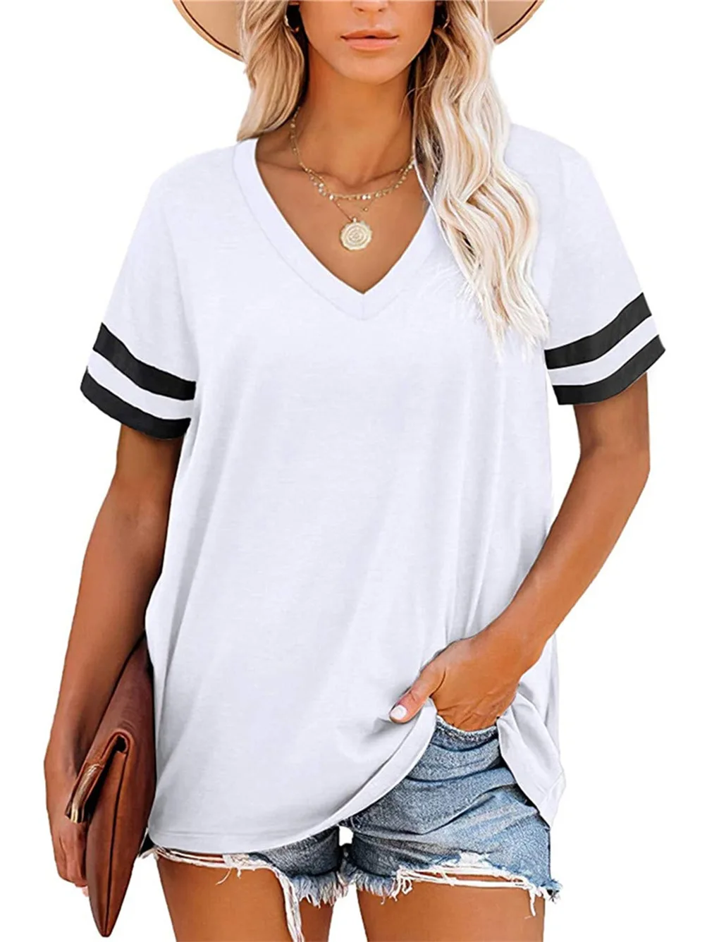 

Womens wear 2022 Amazon summer new v-neck short-sleeved color t-shirt blouse white