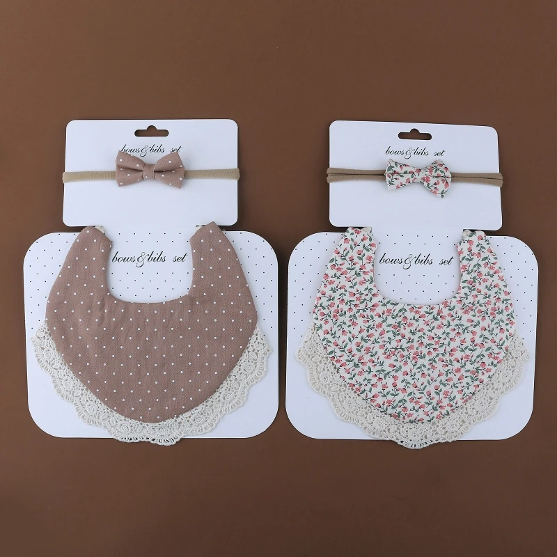 

Baby Girls Bandana Bib and Bowknot Headband Set Vintage Floral Polka Dot Print Lace Trim Newborn Infant Drooling Saliva Towel