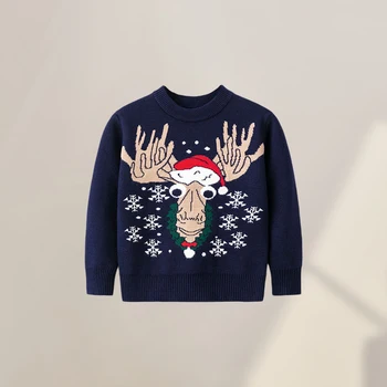 Loose Fit Cartoon Basic Jumpers Children Boys Winter Thick Sweater Long Sleeve Casual Christmas Style Crew Neck Daily Outfit 1