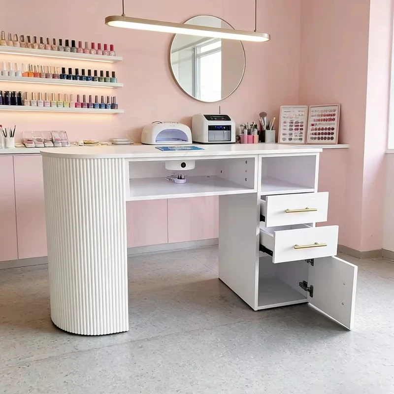 Фото Factory Price Modern Style Beauty Salon Furniture Wooden  Nail Table Semi-circular Nail Table Design for Manicure №1