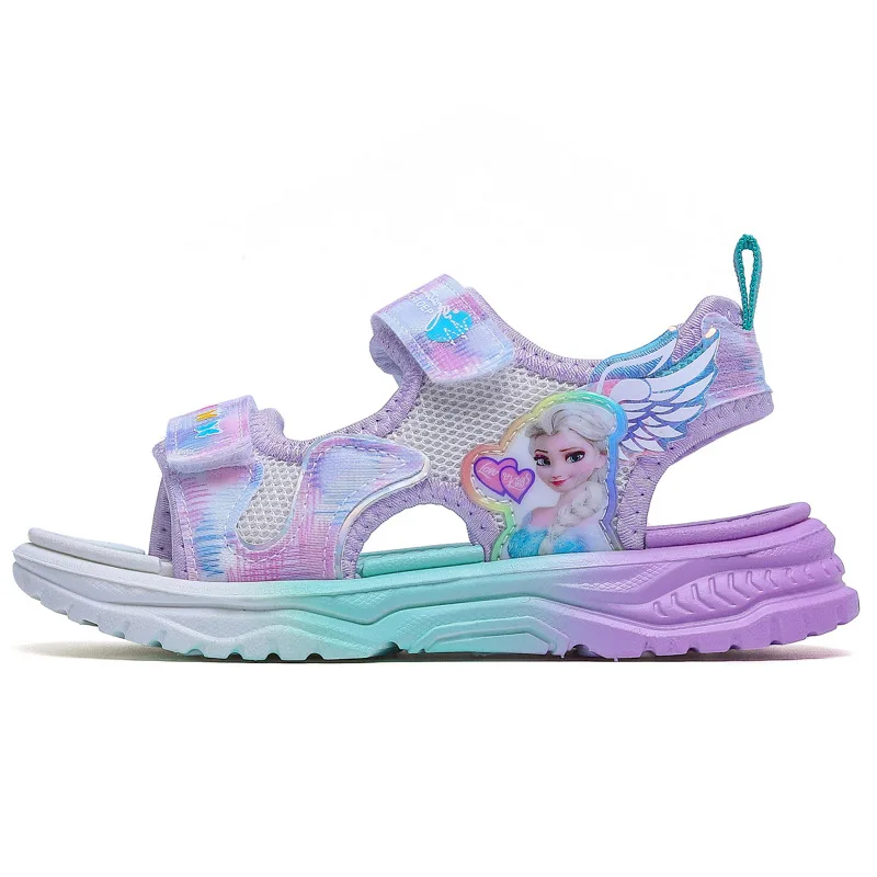 Disney children's shoes summer elsa girls mesh toe sandals beach shoes fashion ins frozen princess soft bottom led light sandals enlarge