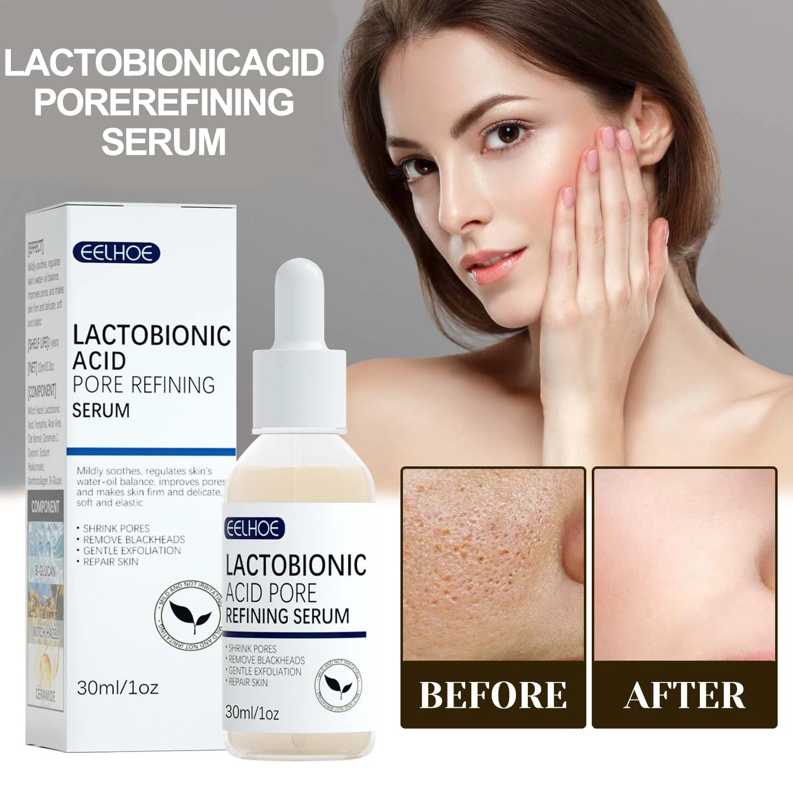 

Lactobionic Acid Pore Shrink Face Serum Hyaluronic Acid Moisturizing Nourishing Essence Firming Brighten Beauty Korean Cosmetics