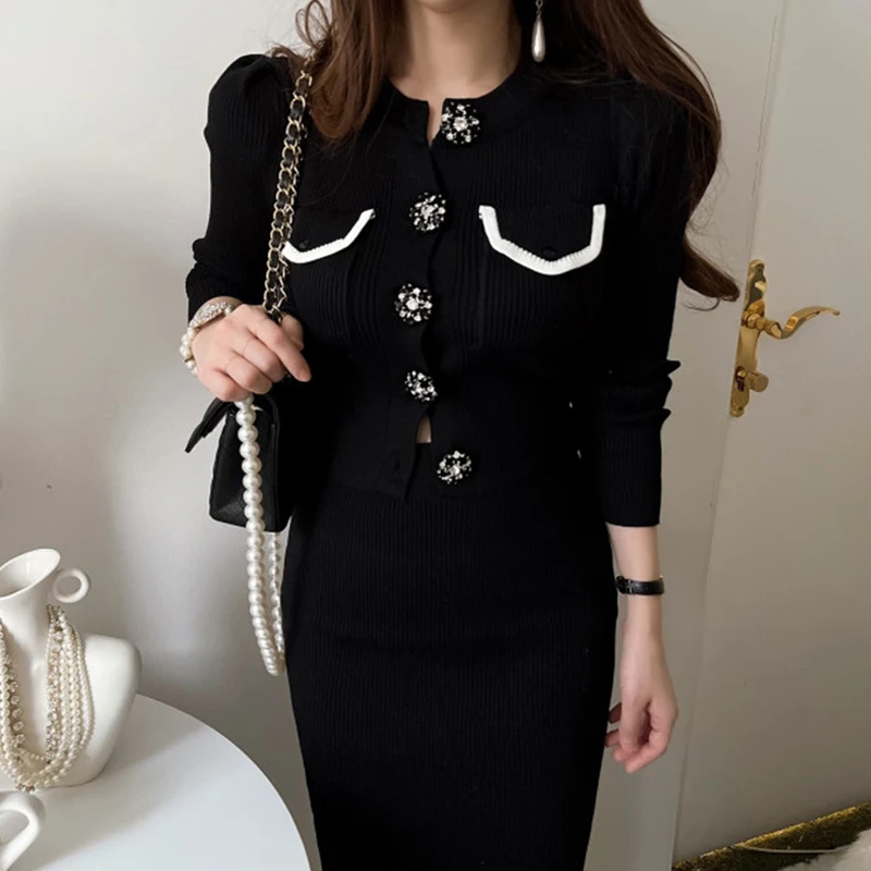 

Korean Fashion OL Knitted Dress Sets Female O Neck Long Sleeve Single-breasted Cardigan Top + Midi Skirt Woman Dropshipping