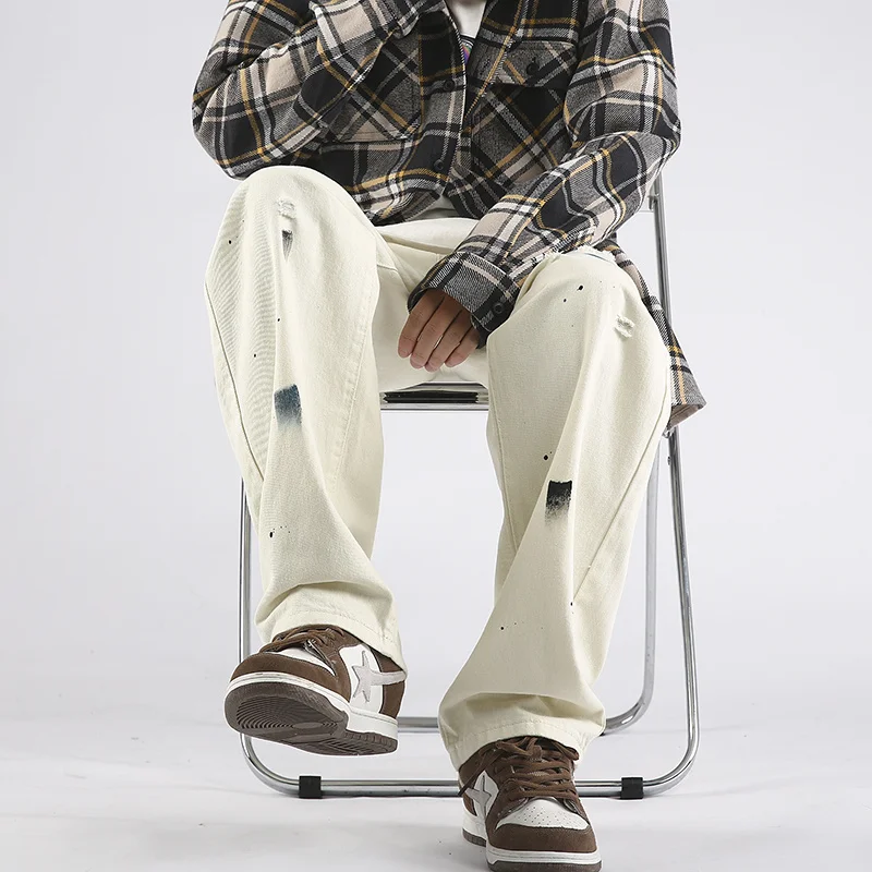 White Baggy Jeans Men Fashion Casual Graffiti Straight Jeans Men Japanese Streetwear Hip-hop Loose Denim Pants Mens Trousers