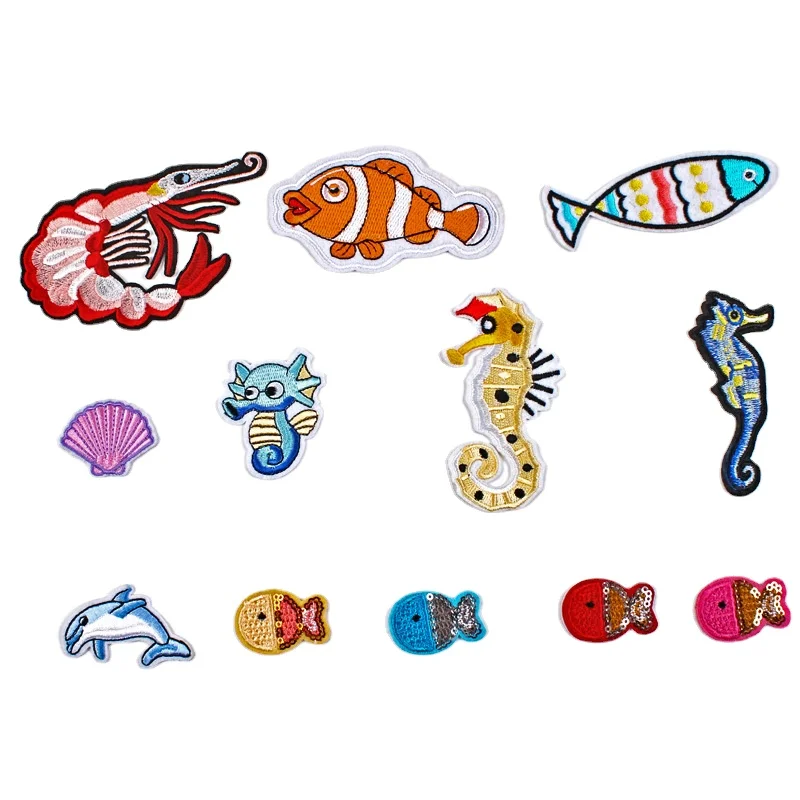 

100pcs/lot Luxury Sequin Embroidery Patch Sea Animal Shrimp Fish Dolphin Seahorse Shell Clothing Decoration Crafts Diy Applique