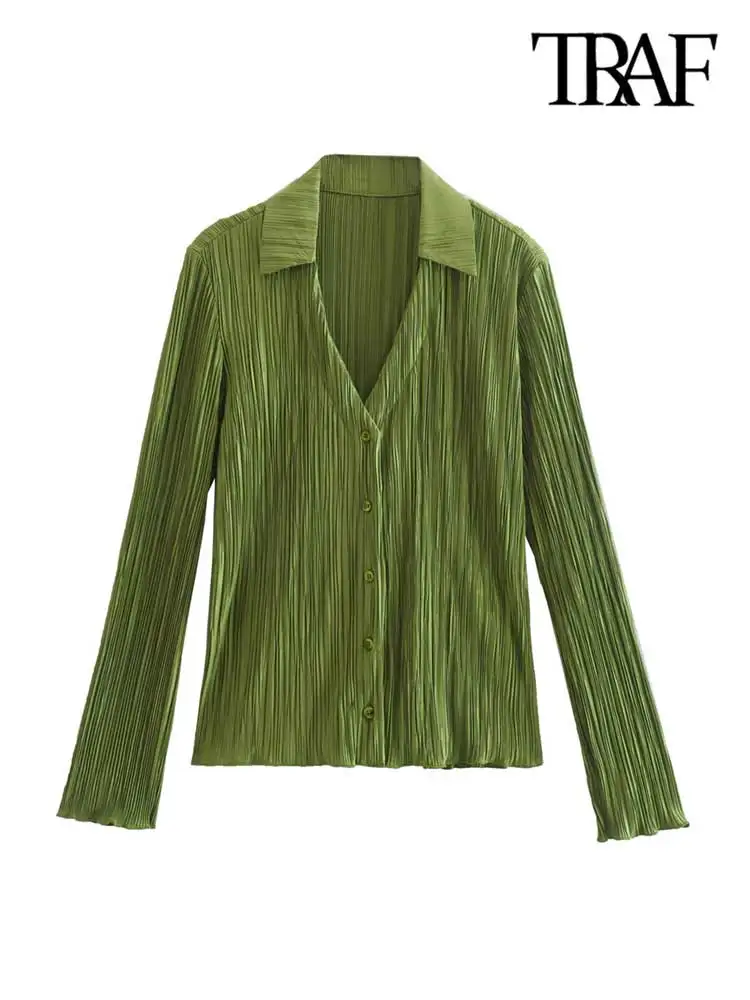 

TRAF Women Fashion Pleated Green Shirts Vintage Long Sleeve Button-up Female Blouses Blusas Chic Tops
