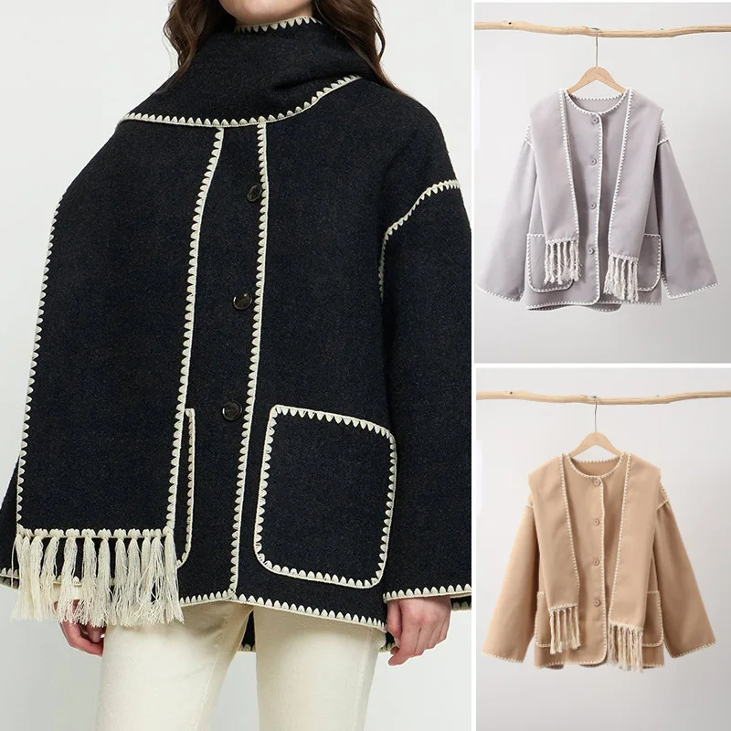 

2023 Autumn and Winter New Fashion Women's Tweed Jacket Thickened Loose with Scarf Tassel Female Models