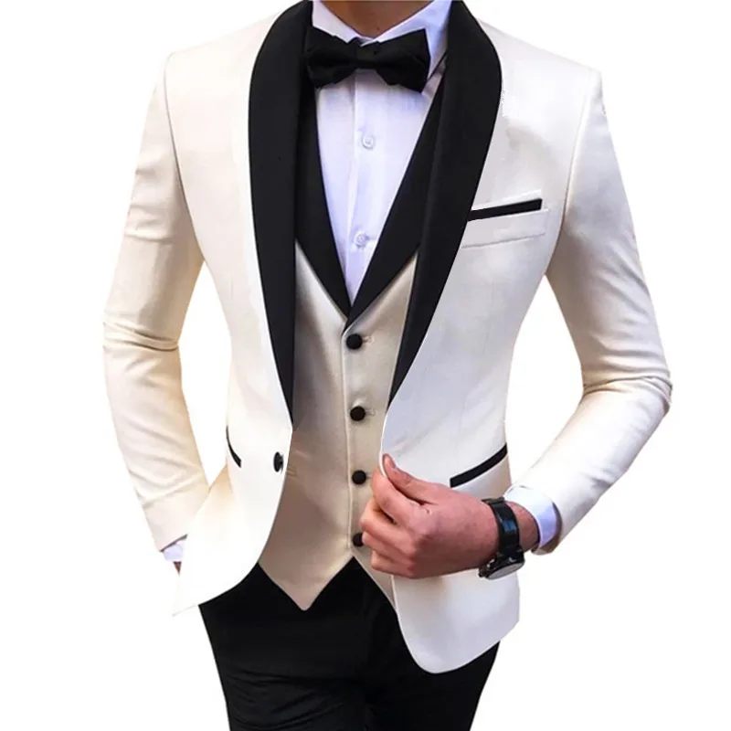 

White Slit Mens Suits 3 Piece Black Shawl Lapel Casual Groom Tuxedos For Wedding Groomsmen Suits Men 2022 (Blazer+Vest+Pant)