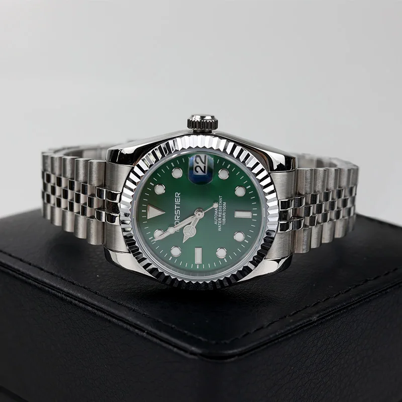PORSTIER 36mm NH35 Men Watch Automatic Mechanical Classic Green Dial Date Luminous Sapphire Stainless Steel Waterproof Watches