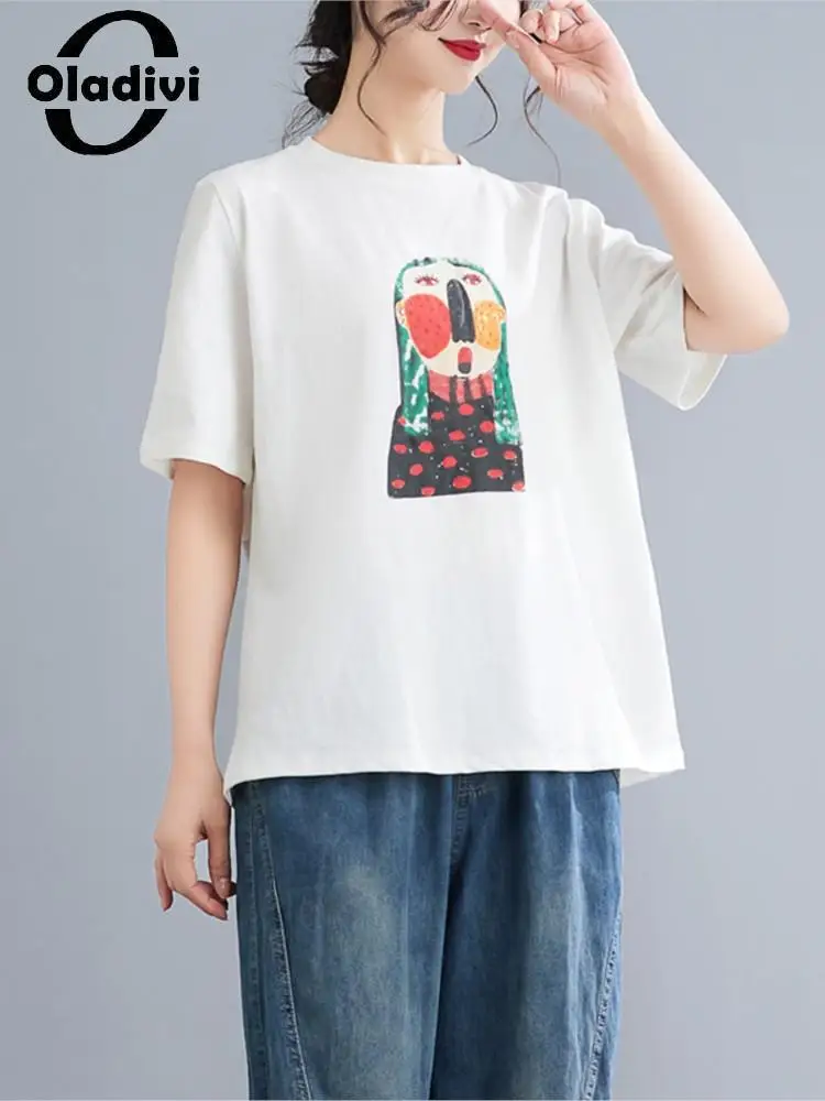 

Oladivi Women Fashion Print Short Sleeve T-Shirts 2022 Summer Casual Loose Top Tee Shirts Vintage Ladies Oversized Clothing 9793