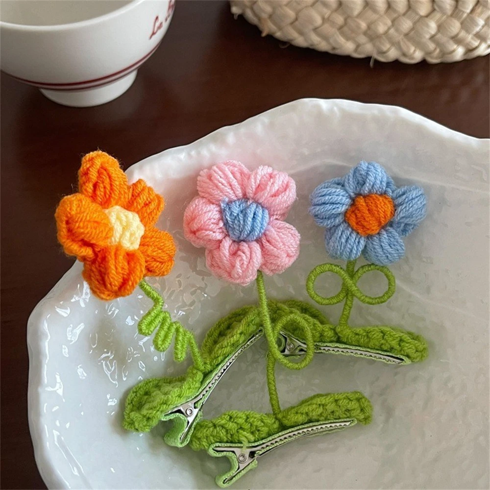 

Sweet Children Handmade Knitting Yarn Flower Hair Clip Trendy Kids BB Snap Hairpin Hair Accessories Ornament For Girls Headwear
