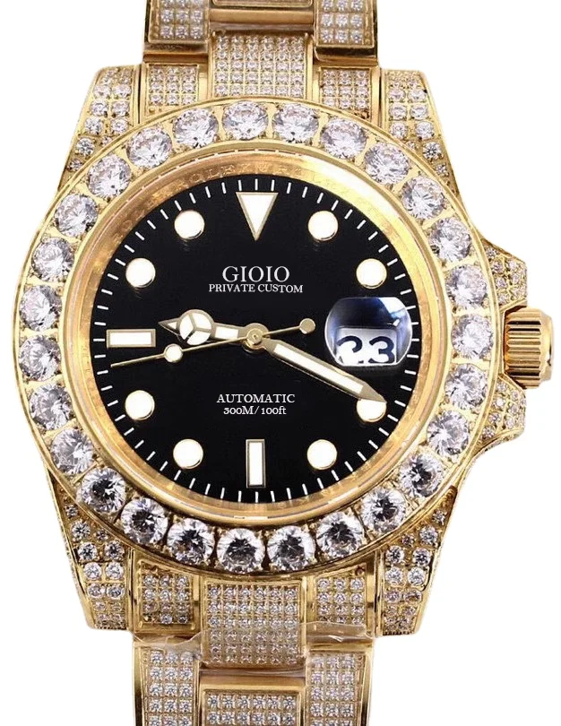 

Luxury Men Yellow Gold Automatic Mechanical Watch Stainless Steel Sapphire Iced Diamonds Black Dial