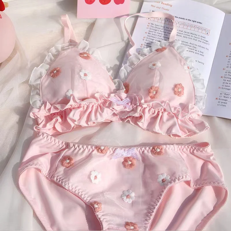 Japanese bra underwear girl pink bralette cute fresh lolita my melody no steel ring brassiere sweet 2pcs bra and panty set
