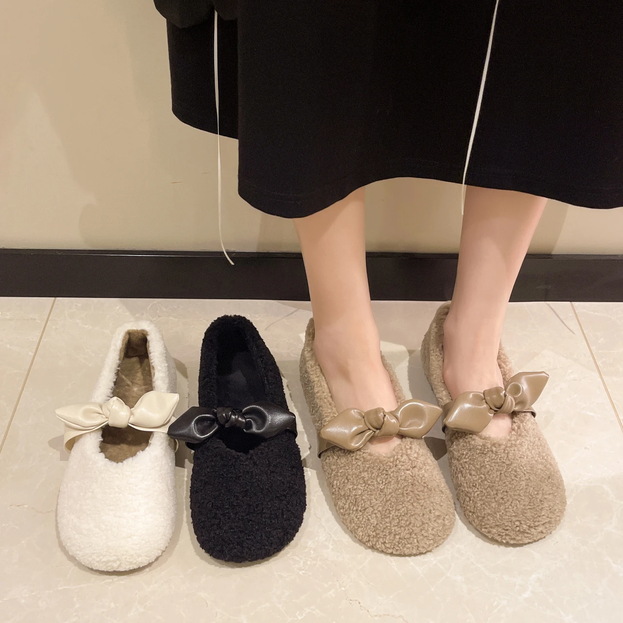

Туфли женские без шнуровки, меховые лоферы, круглый носок, бант, повседневная обувь, Мокасины, без застежки, с бабочкой, 2022