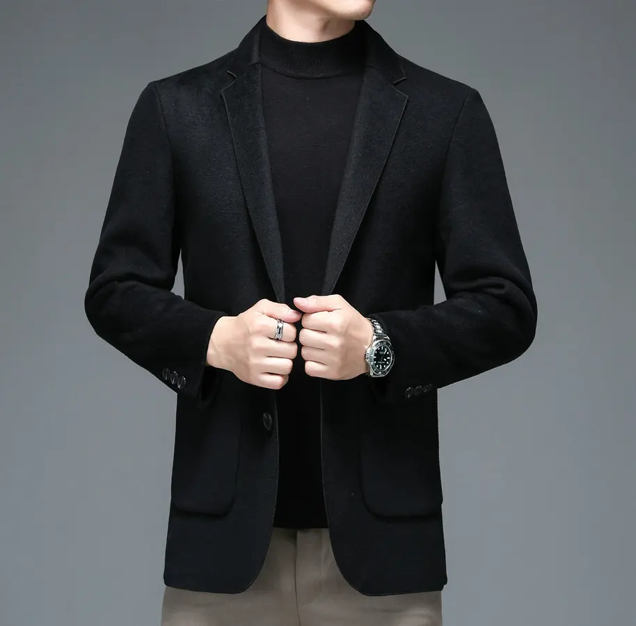 

Men Black Gray Sheep Wool Blazers Winter Autumn Notched Collar Casmere Woolen Blended Jacket Suit Male Elegant Soft Warm Outfits