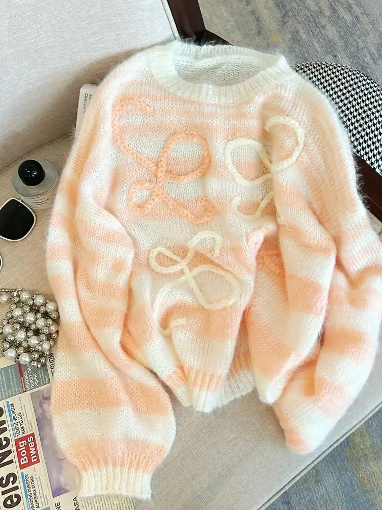 Новый однотонный женский вязаный свитер с круглым вырезом и цветочным крючком