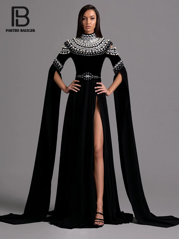 

Длинное бархатное платье PB с жемчужинами, женское платье с высокой талией, женское платье с разрезом, сексуальное черное Праздничное Платье...