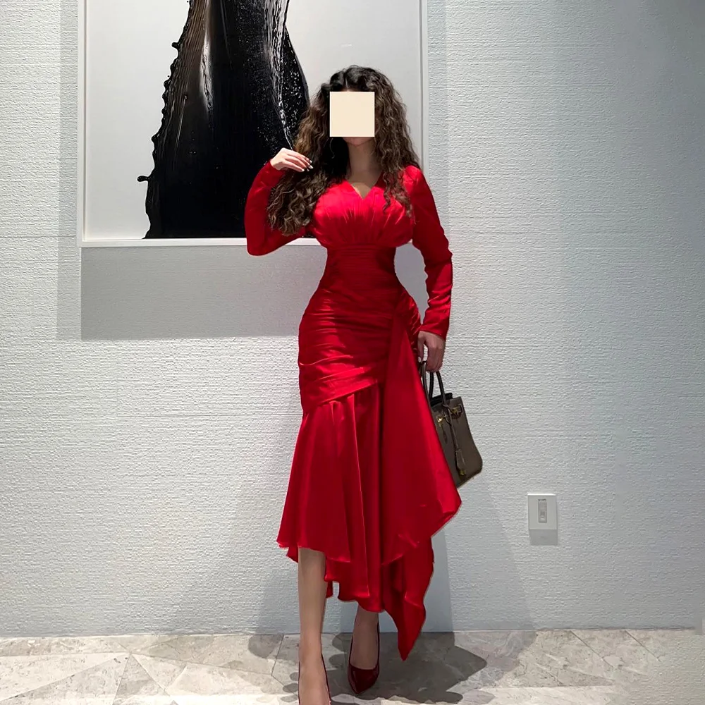 

Red Mermaid Saudi Arabic Evening Dresses Long Sleeve Pleats Satin Elegant Dubai Wedding Party Dress Tea Length Formal Gowns