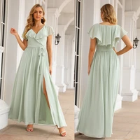elegant dresses for wedding long bridesmaid dress sage green ruffle short sleeve bridal party guest vestido high split custom