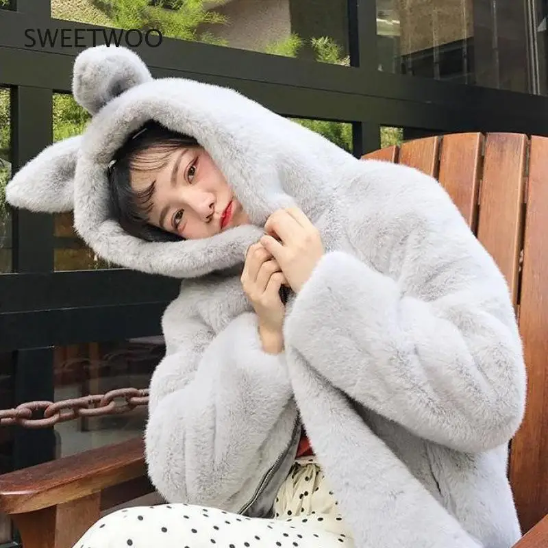 Winter Coat Women Faux Rabbit Hair Fur Coat Korean Hooded Imitation Mink Hair Long Jacket Loose Thick Warm Faux Fur Jacket Tide