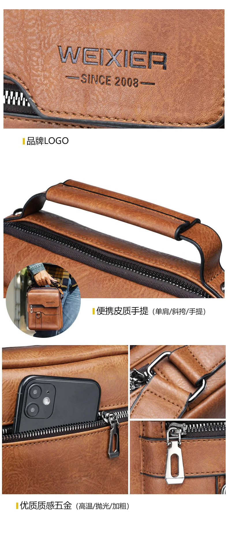 WEIXIER Crossbody Bags Men's Shoulder Bag Vintage Pu Leather Messenger Bag Business Handbag Male Casual Bag Men Bag Bolso Hombre