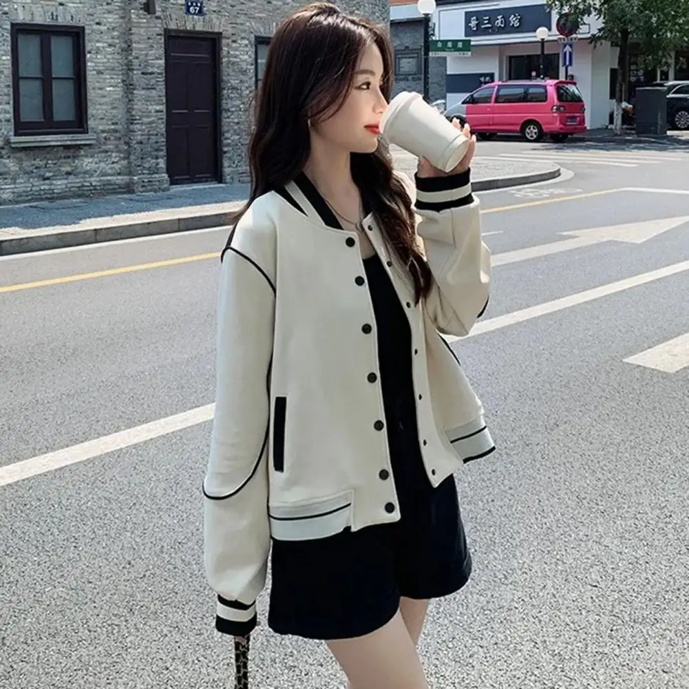 

Soft Jacket Stylish Women's Hip Hop Streetwear Baseball Coats with Stand Collar Pockets Elastic Cuffs for Fashionable Winter