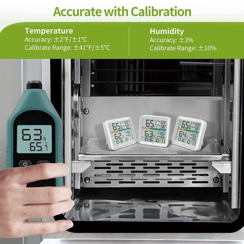 

2 Pack Digital Thermometer Indoor Hygrometer Clock Calendar Calibration Backlight , Temperature Gauge Humidity Monitor