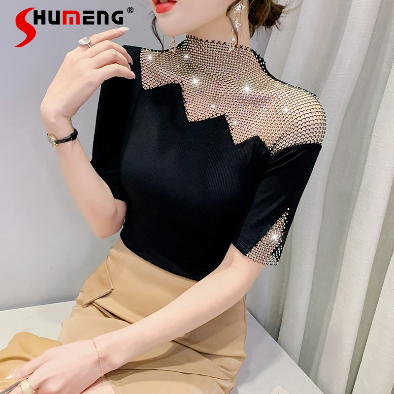 

Sexy Cutout Short Sleeve T-shirt Women's European Goods Rhinestone Western Style Top Slim Fit Versatile Half Sleeve T Shirt