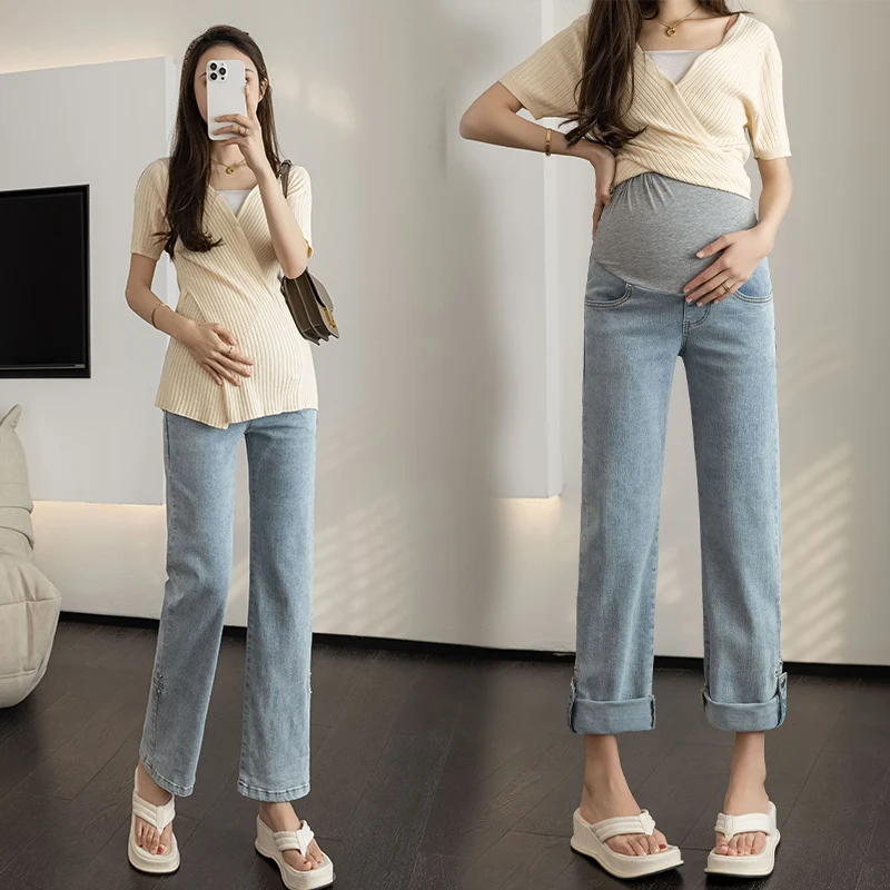 

2311 Rolled Up Leg Stretch Denim Maternity Straight Jeans Spring Summer Fashion Belly Pants Clothes for Pregnant Women Pregnancy