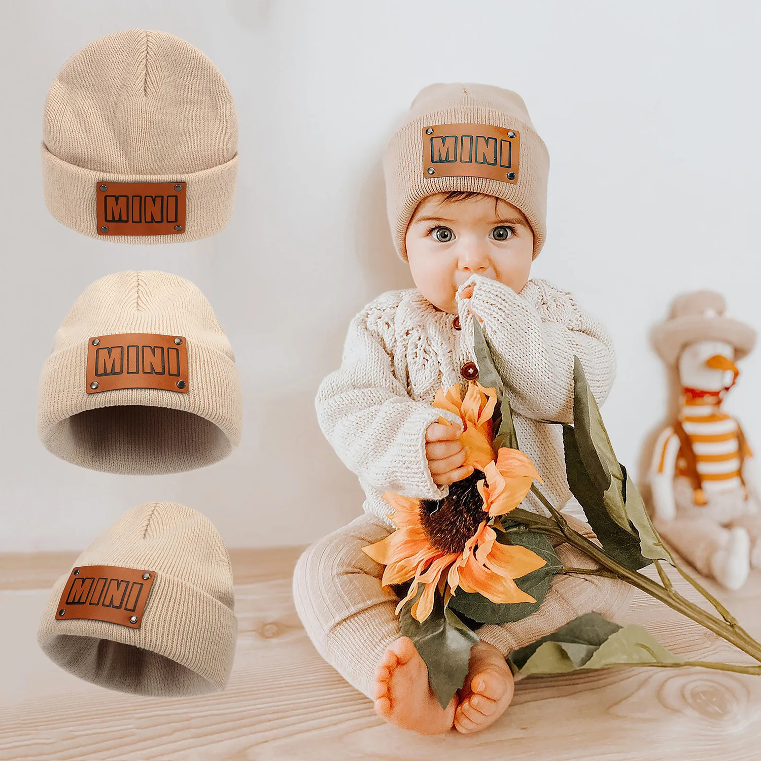 

Baby Hat Knitted Boys Girls Autumn Winter Warm Beanie Kids Adult Parent-Child Hats Newborn Cap with MINI and MAMA Leather Label