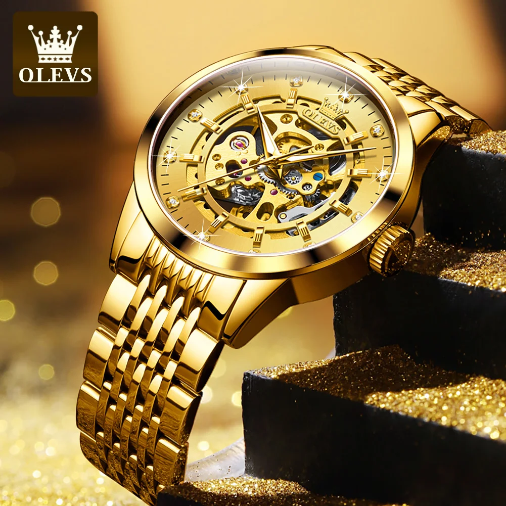 

Olevs Brand Men Luxury Skeleton Gold Watch Men's Mechanical Automatic Wristwatches Man Hand Bracelets For Watches Lover reloj