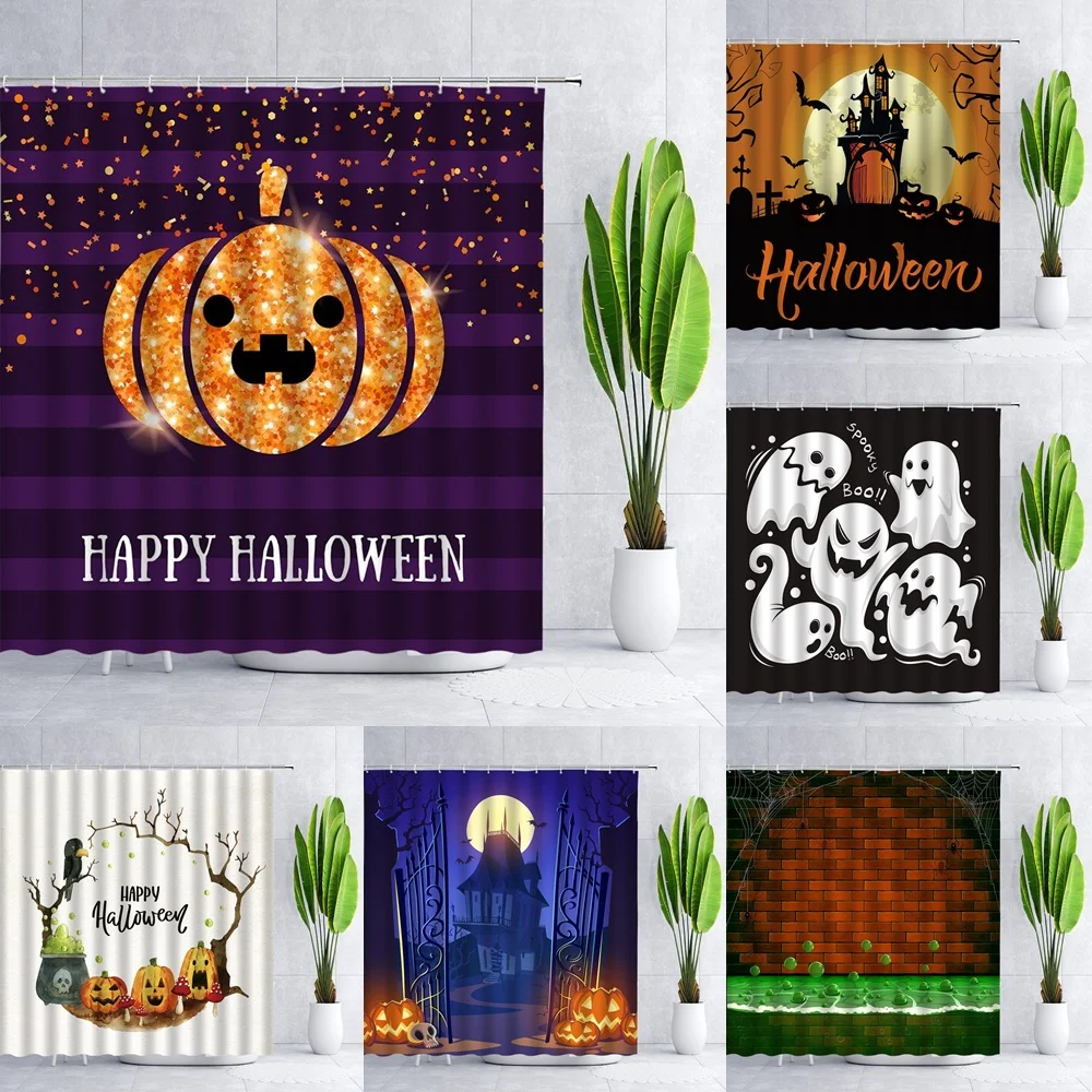 

Halloween Pumpkin Shower Curtain Holiday Decor Witch Horror Night Bat Children Interesting Bathroom Decoration Fabric Curtains
