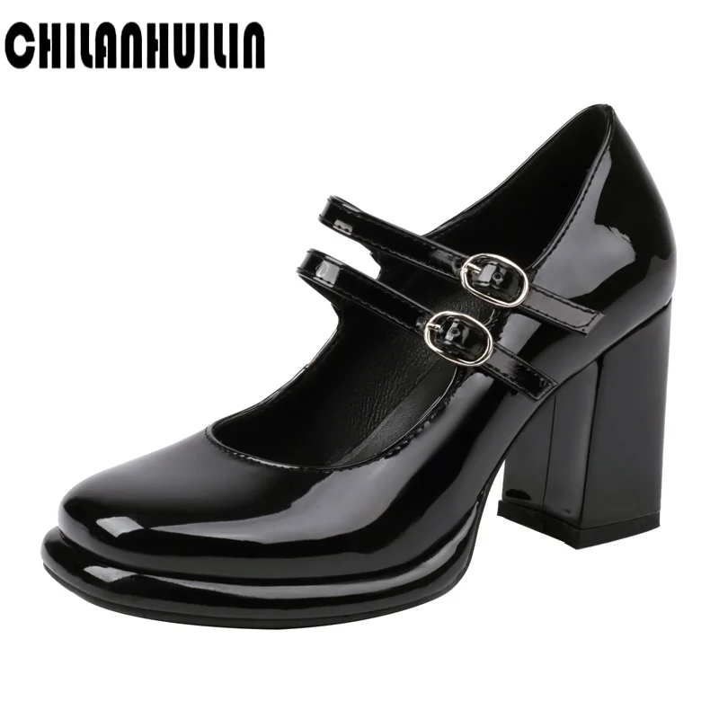 classic double buckle Mary Janes patent pu leather pumps woman thick high heels pumps woman spring summer party dress OL shoes