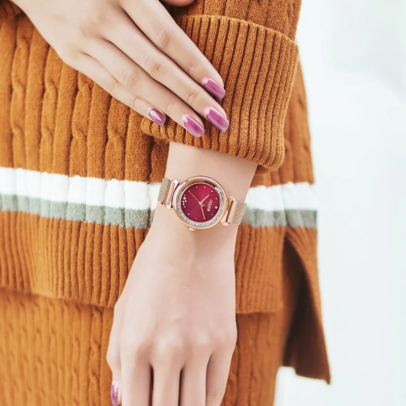 JULIUS Fashion Rhinestone Quicksand Magnet Mesh with Quartz Movement Waterproof Watch Female Designer Watches Woman Wrist Clock enlarge