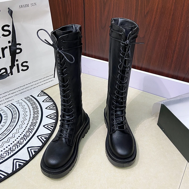 2022 new winter knight boots lace-up side zipper knee-length long tube flat bottom thick bottom black white large size 43