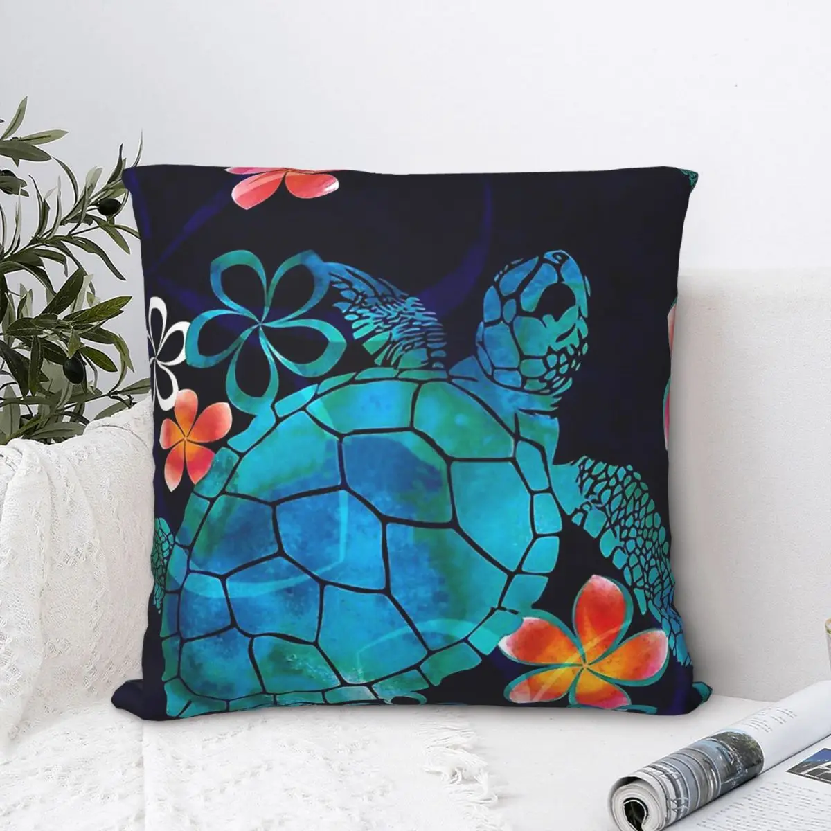 

Sea Turtle With Flowers Throw Pillow Case Animal Cute Forest Ocean Short Plus Cushion Covers Home Sofa Chair Decorative Backpack