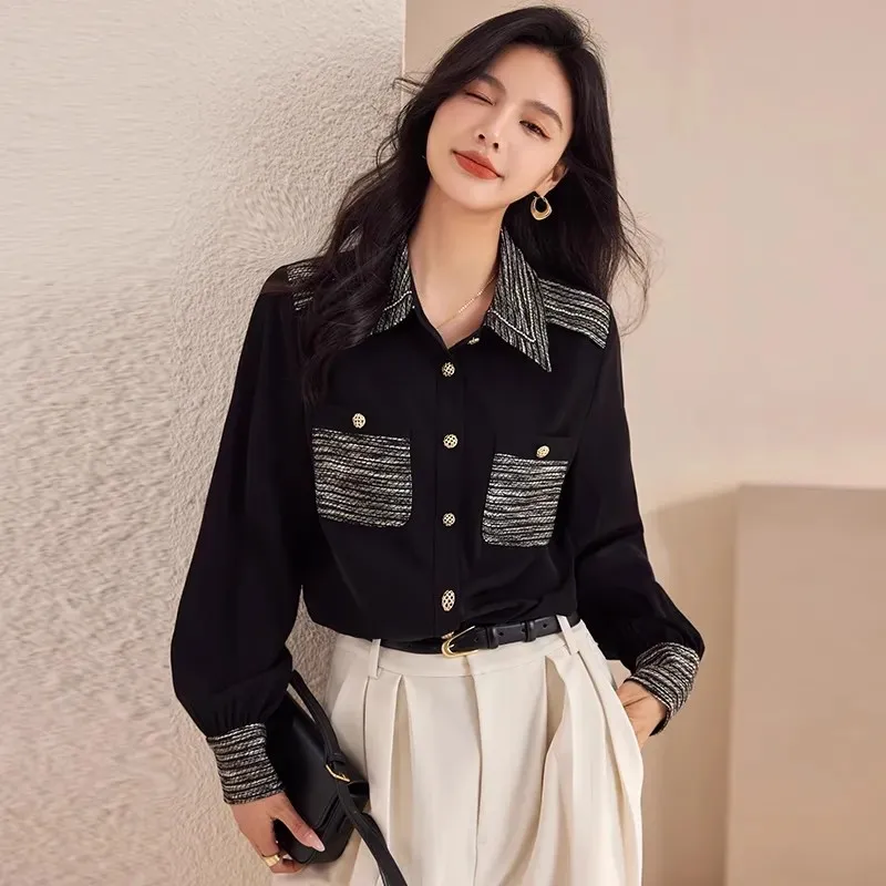 

New Autumn For Women Tweed Patchwork Chiffon Blouse Blusas Vintage Fashion Turn Down Collar Long Sleeve Shirt Tops Femme