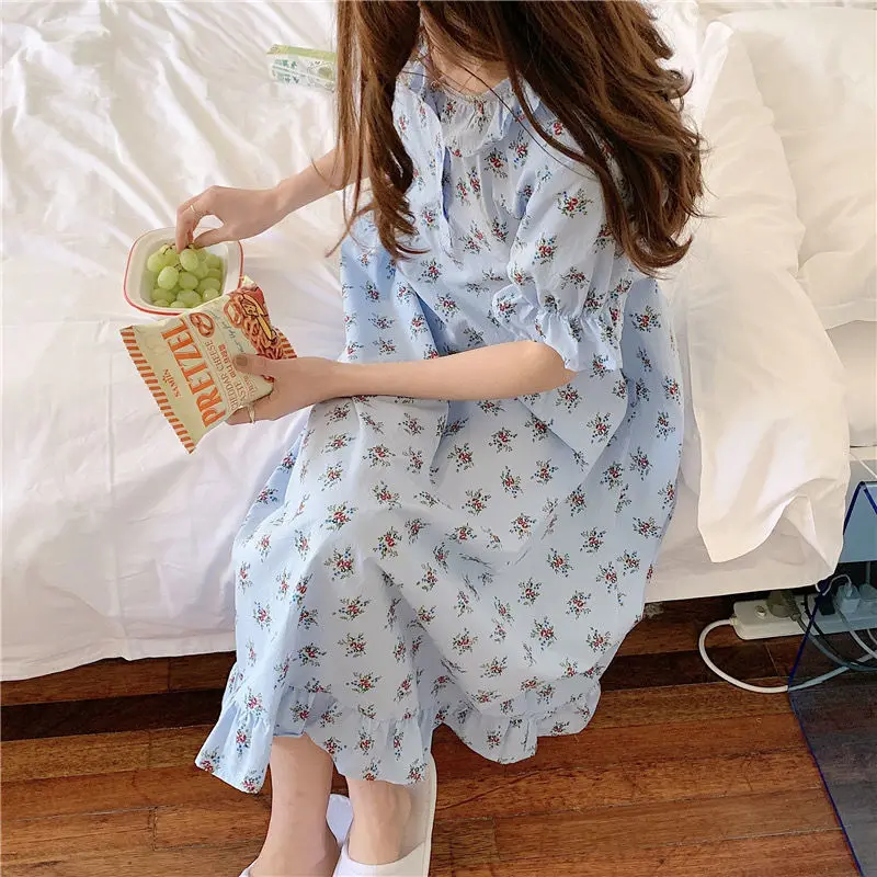 Nightgowns Women Popular Floral Girls Leisure Sweet Sleepwear Korean Style Ruffles Turn Down Collar Kawaii Homewear Elegant Ins
